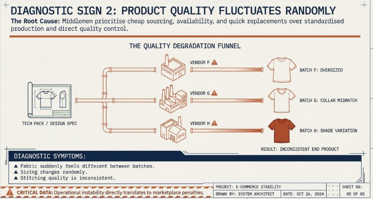 Diagnostic Sign 2 infographic explaining how inconsistent product quality from middlemen suppliers leads to fabric variations, sizing inconsistencies, stitching issues, and unstable apparel production across different clothing batches.