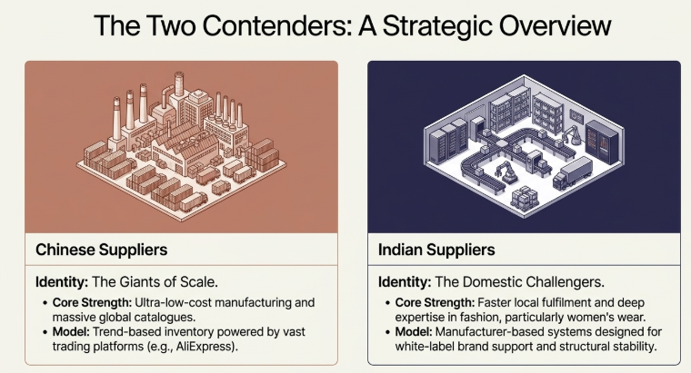 Strategic comparison between Chinese suppliers and Indian suppliers for ecommerce and dropshipping businesses, highlighting manufacturing scale, low-cost production, local fulfillment, white-label support, and fashion industry expertise in India.