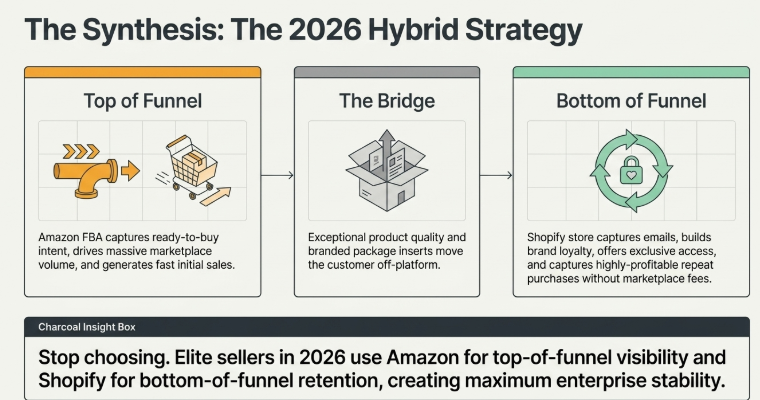Hybrid ecommerce growth strategy for 2026 showing how sellers use Amazon FBA for top-of-funnel traffic and customer acquisition, while leveraging Shopify for brand retention, email capture, customer loyalty, and high-profit repeat purchases through white-label fulfillment.