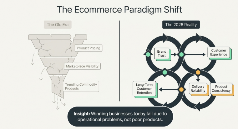 Illustration of the ecommerce business shift from price-focused selling to brand-driven growth in 2026, emphasizing customer trust, delivery reliability, product consistency, customer experience, and long-term retention as the key factors for ecommerce success.
