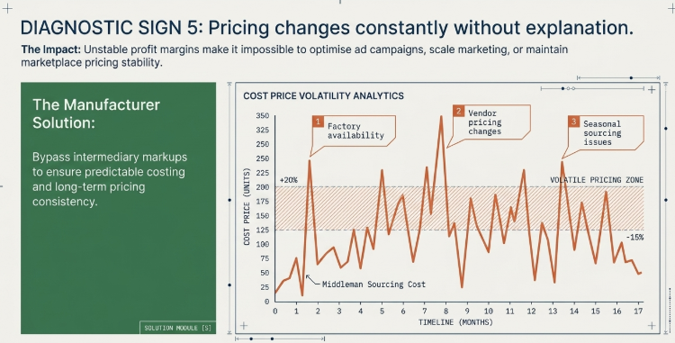 Diagnostic Sign 5 infographic explaining how unstable supplier pricing and middlemen markups create cost volatility in ecommerce, affecting profit margins, ad scaling, and long-term pricing consistency for fashion brands.
