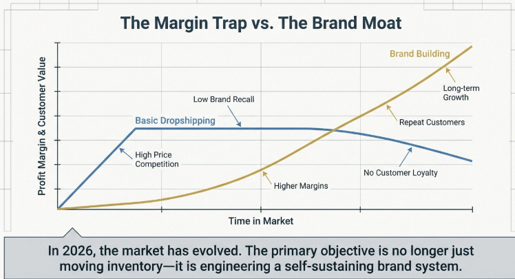 Dropshipping vs brand building graph showing profit margins, customer value, and long-term growth comparison in Indian ecommerce 2026