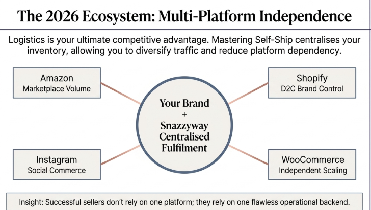 The 2026 Ecommerce Ecosystem infographic showing a centralized fulfillment model where brands use Snazzyway logistics infrastructure to scale across Amazon, Shopify, Instagram, and WooCommerce while reducing platform dependency.