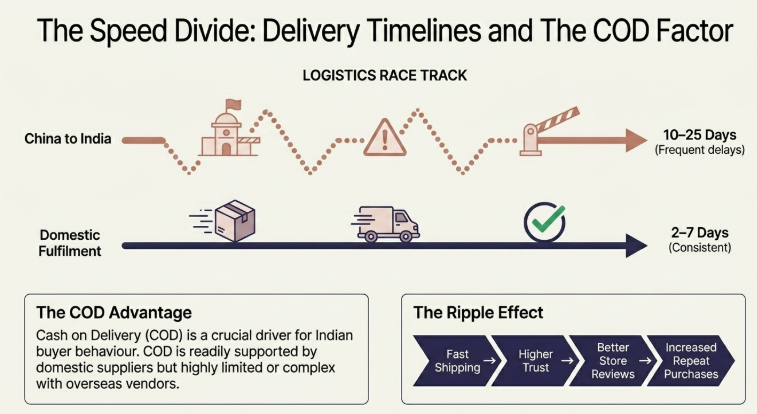 Comparison of China-to-India shipping versus domestic fulfillment for ecommerce and dropshipping, showing faster 2&ndash;7 day delivery from Indian suppliers, delayed 10&ndash;25 day international shipping, COD support advantages, and how quick delivery improves customer trust, reviews, and repeat purchases.