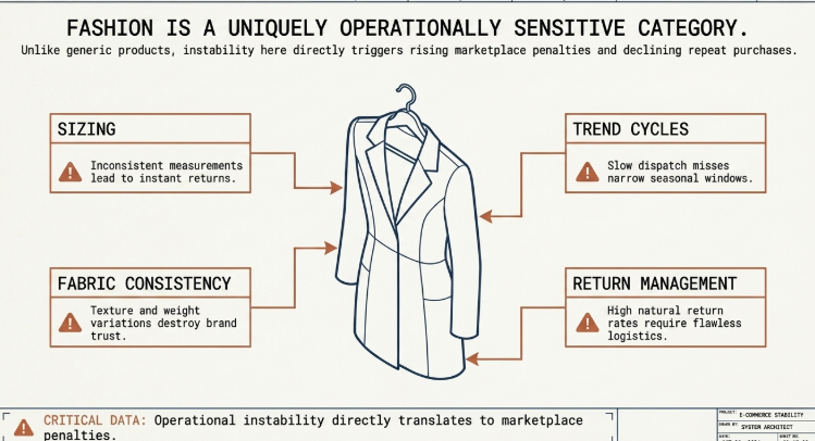 Fashion is a uniquely operationally sensitive ecommerce category infographic highlighting key challenges in women&rsquo;s fashion fulfillment, including sizing accuracy, fabric consistency, trend cycles, and return management that directly impact customer satisfaction and marketplace performance.