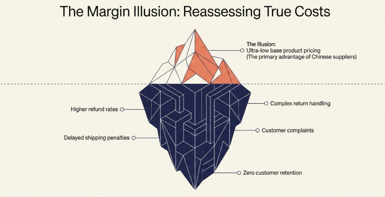 Illustration of the hidden costs in low-cost Chinese dropshipping, showing the &ldquo;margin illusion&rdquo; iceberg with visible cheap product pricing above the surface and hidden issues below like delayed shipping penalties, customer complaints, high refund rates, difficult returns, and poor customer retention.