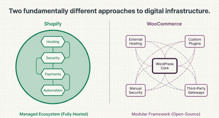 Shopify vs WooCommerce infrastructure comparison showing hosted ecosystem vs modular WordPress setup with plugins and external services