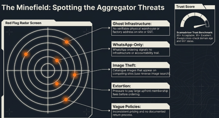 Infographic titled “The Minefield: Spotting the Aggregator Threats” designed as a radar-style warning system for identifying unreliable dropshipping suppliers. On the left, a “Red Flag Radar Screen” displays multiple warning signals linked to supplier risk factors.