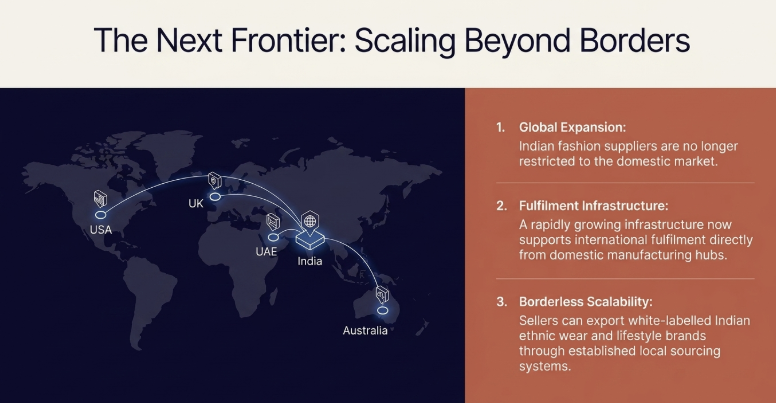 Global expansion and international scaling opportunities for Indian fashion dropshipping suppliers, showing how Indian manufacturers support worldwide fulfillment, cross-border ecommerce, and export of white-label ethnic wear and lifestyle brands to markets like the USA, UK, UAE, and Australia.