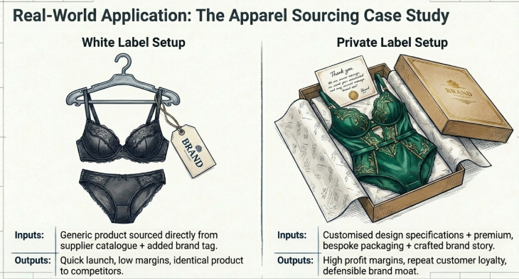 White label vs private label lingerie example showing generic product branding vs customized packaging, higher margins, and brand building in India