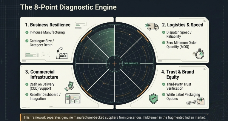 Infographic titled “The 8-Point Diagnostic Engine” presenting a framework for evaluating Indian dropshipping suppliers. A central radar-style diagnostic graphic is surrounded by four evaluation categories.