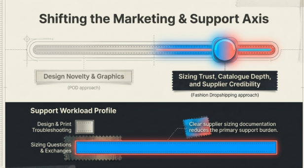 Infographic titled 'Shifting the Marketing & Support Axis' comparing the strategic focus of print-on-demand (POD) and fashion dropshipping businesses. A horizontal slider illustrates the shift from emphasizing design novelty and graphics in POD to prioritizing sizing trust, catalogue depth, and supplier credibility in fashion dropshipping. The lower section compares support workloads, showing that POD often involves design and print troubleshooting, while fashion dropshipping focuses on sizing guidance and customer exchanges, with clear supplier sizing documentation helping reduce support requests