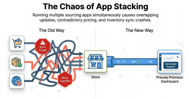 Infographic comparing multiple dropshipping apps with a single supplier integration, showing how one dedicated platform reduces sync errors, pricing conflicts, and inventory management issues