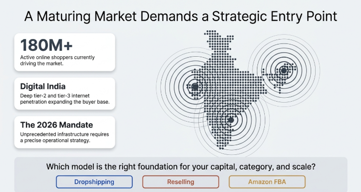 Infographic titled 'A Maturing Market Demands a Strategic Entry Point' highlighting India's e-commerce opportunity. The graphic features key market insights including '180M+ active online shoppers', 'Digital India' internet penetration growth in tier-2 and tier-3 cities, and 'The 2026 Mandate' emphasizing infrastructure readiness. A dotted map of India is shown with concentric target circles marking major market regions. At the bottom, a comparison prompts users to choose between Dropshipping, Reselling, and Amazon FBA as the right business model for capital, category, and scale