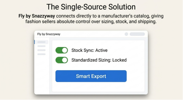 Infographic illustrating a single-source dropshipping dashboard with stock synchronization, standardized sizing, and one-click product export for streamlined fashion inventory management