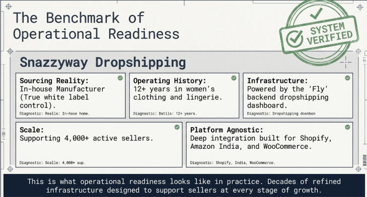 Infographic titled “The Benchmark of Operational Readiness” presenting a checklist-style overview of Snazzyway Dropshipping’s operational capabilities. A large green “System Verified” stamp appears in the top-right corner, emphasizing credibility and readiness. The infographic highlights five key areas: sourcing reality through an in-house manufacturing model with true white-label control, over 12 years of operating history in women’s clothing and lingerie, infrastructure powered by the Fly backend dropshipping dashboard, scalability supporting more than 4,000 active sellers, and deep integrations with platforms such as Shopify, Amazon India, and WooCommerce. A concluding statement explains that operational readiness is built through years of refined systems and infrastructure designed to support sellers at every stage of growth.