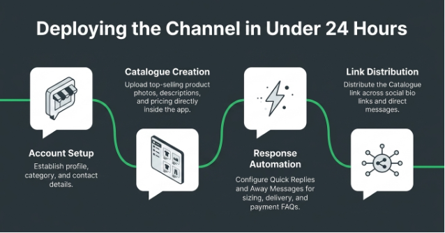 Chat commerce setup process showing account creation, catalogue setup, automated responses, and link distribution in under 24 hours