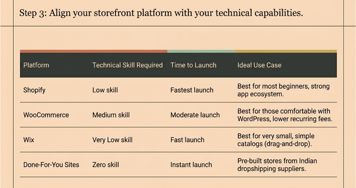 Step-by-step platform selection guide comparing Shopify, WooCommerce, Wix, and done-for-you ecommerce stores based on skill level, time to launch, and ideal use cases for dropshipping businesses.