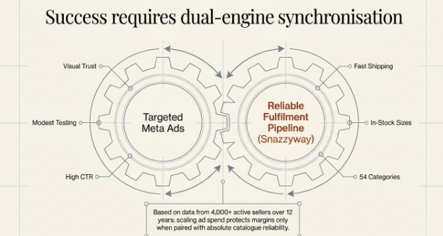 Infographic titled 'Success Requires Dual-Engine Synchronisation' showing two interlocking gears representing the key components of a successful fashion dropshipping business. The left gear, labeled 'Targeted Meta Ads,' highlights visual trust, modest testing budgets, and high click-through rates. The right gear, labeled 'Reliable Fulfilment Pipeline,' emphasizes fast shipping, in-stock sizes, and a broad catalogue of 54 product categories. The connected gears illustrate that advertising performance and reliable order fulfillment must work together to achieve sustainable growth, customer satisfaction, and long-term profitability