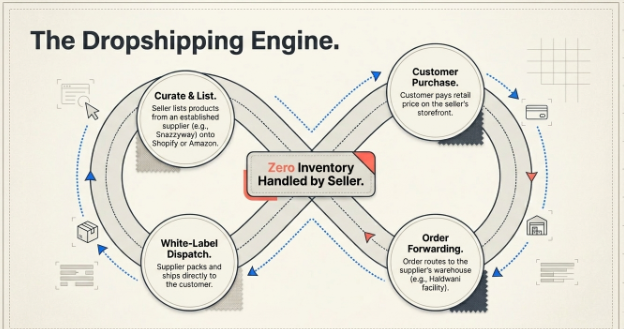 Infographic titled 'The Dropshipping Engine' illustrating the complete fashion dropshipping workflow in a continuous loop. At the center is 'Zero Inventory Handled by Seller,' surrounded by four connected stages: Curate & List products on an online store, Customer Purchase at the seller's retail price, Order Forwarding to the supplier's warehouse, and White-Label Dispatch directly to the customer. The diagram emphasizes an inventory-free business model where the supplier manages storage, packing, and shipping while the seller focuses on product selection and sales