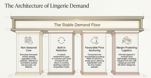 Infographic titled "The Architecture of Lingerie Demand" illustrated as a classical temple supported by four pillars beneath a banner reading "The Stable Demand Floor." The four pillars represent the key drivers of lingerie demand: Non-Seasonal Core, Built-in Retention, Favourable Price Anchoring, and Margin-Protecting Logistics. Each pillar explains how everyday demand, repeat purchases, accepted price points, and lightweight shipping contribute to consistent customer demand and sustainable profitability in the lingerie industry.