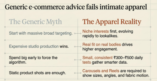 Comparison infographic titled 'Generic E-commerce Advice Fails Intimate Apparel' contrasting common e-commerce myths with effective marketing strategies for lingerie and intimate fashion brands. The left column, 'The Generic Myth,' lists broad targeting, expensive studio production, high upfront ad spending, and static product images. The right column, 'The Apparel Reality,' recommends niche audience targeting, showcasing real fit on real bodies, running small daily ad tests to gather data, and using carousels and short-form videos to demonstrate sizing, garment angles, and fabric movement