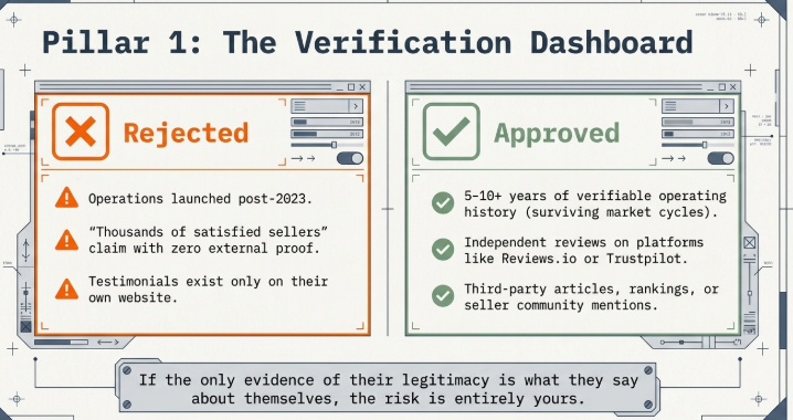 This image is titled "Pillar 1: The Verification Dashboard." It compares two categories: "Rejected" on the left with a red warning symbol and "Approved" on the right with a green checkmark. The rejected side lists warning signs, such as a business launched after 2023, claims of thousands of satisfied sellers without external proof, and testimonials only on their own website. The approved side lists positive signs, including 5 or more years of verifiable history, independent reviews on trusted platforms, and recognition by third parties. A note at the bottom warns that if legitimacy relies only on the seller’s own claims, the risk is yours.