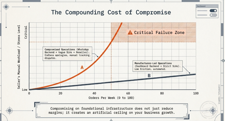 Infographic titled “The Compounding Cost of Compromise” featuring a graph that compares business workload growth under two different operational models. The horizontal axis represents orders per week (0–100), while the vertical axis measures seller manual workload and stress level. An orange curve labeled A represents compromised operations that rely on WhatsApp communication, vague service-level agreements, resellers, and manual processes. As order volume increases, workload rises exponentially and enters a highlighted “Critical Failure Zone” around 50–60 orders per week. A dark blue line labeled B represents manufacturer-led operations with dashboards, backend systems, and structured SLAs, showing a gradual and manageable increase in workload as sales grow. A concluding message explains that compromising on operational infrastructure creates an artificial ceiling on business growth and profitability.