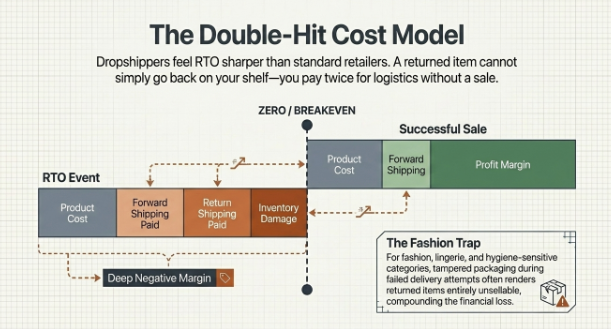 Infographic illustrating how Return to Origin (RTO) creates losses through product cost, forward shipping, return shipping, and inventory damage, reducing or eliminating profit.