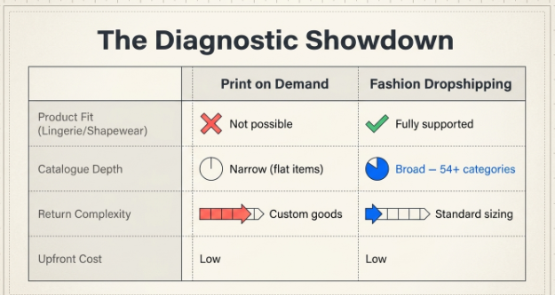 Comparison table titled 'The Diagnostic Showdown' evaluating Print on Demand versus Fashion Dropshipping for women's fashion and lingerie businesses. The chart compares key factors including product fit, catalogue depth, return complexity, and upfront cost. It indicates that print-on-demand is not suitable for lingerie and shapewear, offers a limited catalogue of flat products, and involves more complex custom-product returns, while fashion dropshipping fully supports structured apparel, provides a broad catalogue spanning 54+ categories, uses standard sizing for simpler returns, and requires similarly low upfront investment