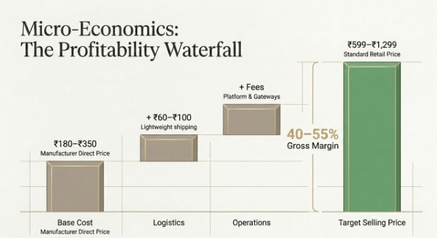 Infographic titled "Micro-Economics: The Profitability Waterfall" illustrating the cost and profit structure of lingerie retail. The waterfall chart begins with a manufacturer direct price of ₹180&ndash;₹350, adds ₹60&ndash;₹100 for lightweight shipping logistics and platform fees, and leads to a standard retail selling price of ₹599&ndash;₹1,299. A highlighted section shows a gross margin of 40&ndash;55%, demonstrating how low logistics costs and efficient operations contribute to strong profitability.