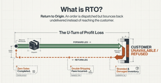 Infographic explaining Return to Origin (RTO), where an undelivered order is returned to the seller, causing extra shipping costs and lost sales.