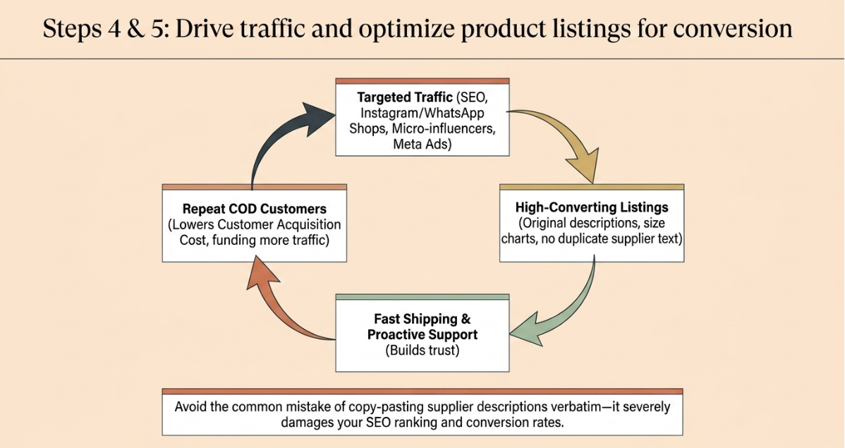 Dropshipping marketing funnel infographic showing how SEO, high-converting product listings, customer support, and repeat buyers increase sales and profitability.
