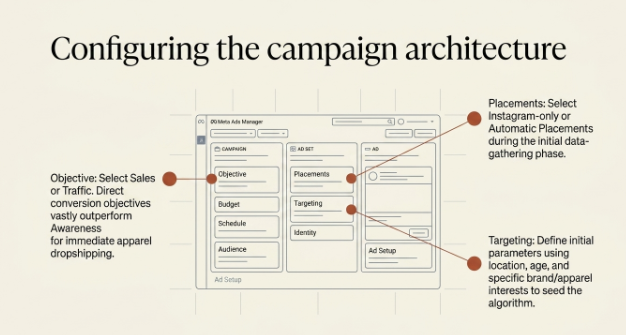 Infographic titled 'Configuring the Campaign Architecture' illustrating the recommended Meta Ads campaign setup for fashion dropshipping. A simplified campaign structure diagram highlights the hierarchy of campaign, ad set, and ad. Callouts explain that Sales or Traffic objectives are preferred over Awareness for direct conversions, placements should initially focus on Instagram or automatic placements for data collection, and targeting should use basic demographic filters along with apparel-related interests to help the advertising algorithm optimize performance.