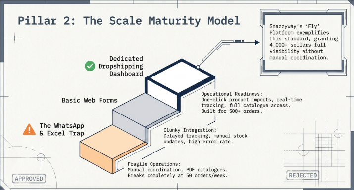 Infographic titled “Pillar 2: The Scale Maturity Model” illustrating the progression from manual dropshipping operations to a scalable automated system. A three-step staircase compares business maturity levels. The lowest level, labeled “The WhatsApp & Excel Trap,” highlights fragile operations dependent on manual coordination, PDF catalogs, and processes that fail at around 50 orders per week. The middle level, “Basic Web Forms,” notes delayed tracking, manual stock updates, and high error rates caused by limited integration. The highest level, “Dedicated Dropshipping Dashboard,” represents operational readiness with one-click product imports, real-time tracking, full catalog access, and support for 500+ orders. A callout box references Snazzyway’s Fly Platform as an example of a system providing visibility and automation for thousands of sellers. The graphic emphasizes that scalable infrastructure is essential for long-term growth.