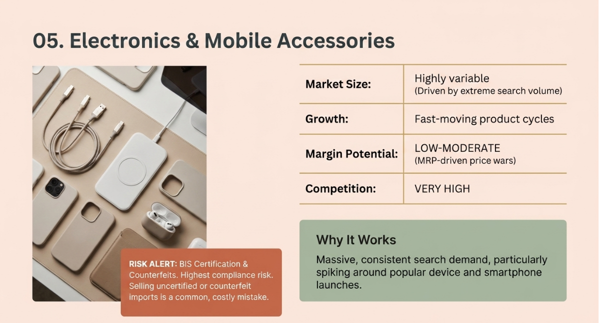 Electronics and mobile accessories infographic highlighting market demand, competition, and profit potential in one of the most profitable dropshipping niches in India, featuring chargers, phone cases, and wireless earbuds.