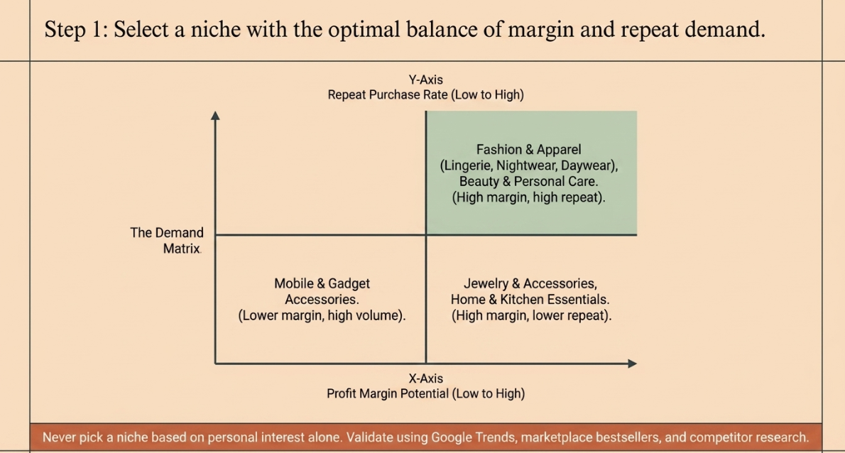 Infographic explaining how to select a profitable dropshipping niche using demand, repeat purchase rates, and profit margin potential.