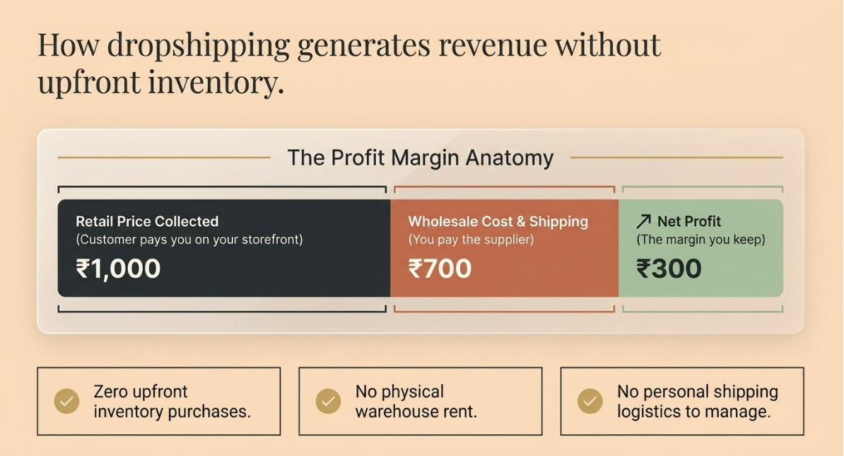 Diagram explaining the dropshipping business model, where a ₹1,000 customer payment covers ₹700 wholesale and shipping costs, leaving a ₹300 profit margin, with no upfront inventory, warehouse rent, or shipping logistics.