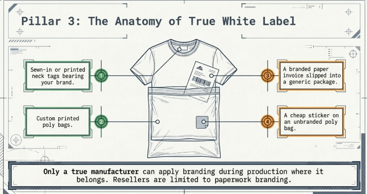 Infographic titled “Pillar 3: The Anatomy of True White Label” featuring a T-shirt and packaging illustration to compare genuine white-label manufacturing with superficial reseller branding. On the left, green-highlighted elements show authentic branding methods, including sewn-in or printed neck tags displaying the brand name and custom-printed poly bags applied during production. On the right, orange-highlighted elements depict reseller-style branding, such as placing a branded invoice inside a generic package and attaching a simple sticker to an unbranded bag. A concluding statement explains that only a true manufacturer can integrate branding during production, while resellers are generally limited to packaging and paperwork branding.