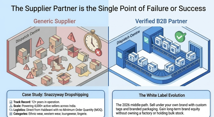 Infographic titled 'The Supplier Partner is the Single Point of Failure or Success' comparing a generic supplier with a verified B2B partner. The left side shows a chaotic warehouse with damaged packages, delays, warning signs, and quality control issues. The right side depicts an organized fulfillment center with conveyor belts, neatly packed products, and a quality assurance checkmark. Supporting sections highlight a dropshipping case study with high order volumes, direct logistics, and diverse product categories, alongside an explanation of white-label branding opportunities and long-term brand building through custom tags and packaging