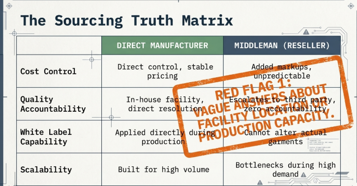Comparison chart titled “The Sourcing Truth Matrix” contrasting Direct Manufacturer and Middleman (Reseller) sourcing models. The table compares key factors including cost control, quality accountability, white-label capability, and scalability. Direct manufacturers offer stable pricing, direct quality control, production-stage branding, and high-volume scalability. In contrast, middlemen add markups, provide limited accountability, restrict product customization, and create bottlenecks during periods of high demand. A prominent orange warning stamp reads: “Red Flag 1: Vague Answers About Factory Production Capacity.”