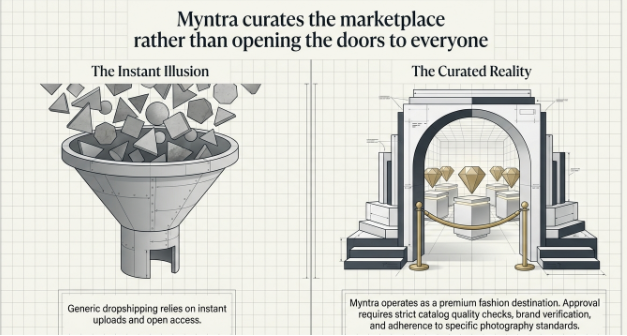 Illustration comparing generic dropshipping with Myntra's curated seller approval process and quality standards.