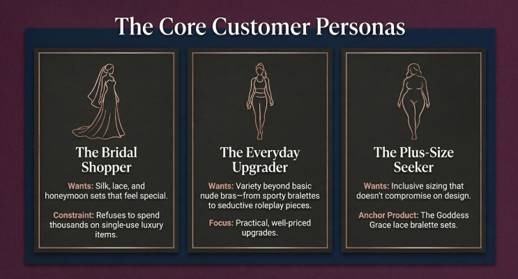 Get Dark Desire customer personas infographic featuring the bridal shopper, everyday upgrader, and plus-size lingerie customer segments.