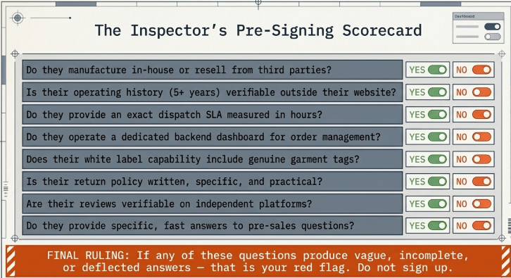 Infographic titled “The Inspector’s Pre-Signing Scorecard” presenting a checklist of critical questions sellers should ask before partnering with a supplier. Each question includes a Yes/No evaluation toggle, emphasizing the importance of clear and verifiable answers. The checklist covers whether the supplier manufactures in-house or resells products, has a verifiable operating history of at least five years, provides exact dispatch SLAs measured in hours, operates a dedicated backend dashboard for order management, offers genuine white-label capabilities including garment tags, maintains a written and practical return policy, has independently verifiable reviews, and responds quickly and specifically to pre-sales inquiries. A bold warning at the bottom states that vague, incomplete, or evasive answers to any of these questions are major red flags and a reason not to sign up with the supplier.