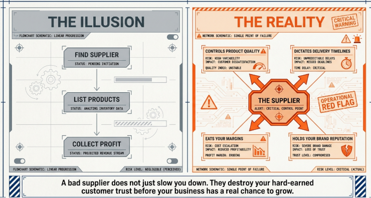 Infographic comparing the illusion and reality of dropshipping. The left side, labeled “The Illusion,” shows a simple workflow: Find Supplier → List Products → Collect Profit. The right side, labeled “The Reality,” highlights the supplier as a central risk point affecting product quality, delivery timelines, profit margins, and brand reputation. A warning message at the bottom states that a bad supplier can destroy customer trust and hinder business growth before a business has the chance to scale.