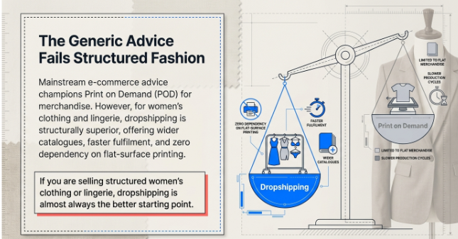 Comparison infographic showing why dropshipping is better than print on demand (POD) for structured women's fashion and lingerie businesses. The left panel explains that dropshipping offers wider product catalogs, faster fulfillment, and no dependency on flat-surface printing. The right panel features a balance scale with a heavier 'Dropshipping' side outweighing 'Print on Demand,' highlighting benefits such as zero dependency on flat printing, faster fulfillment, and wider catalogs, while POD is limited by flat merchandise and slower production cycles