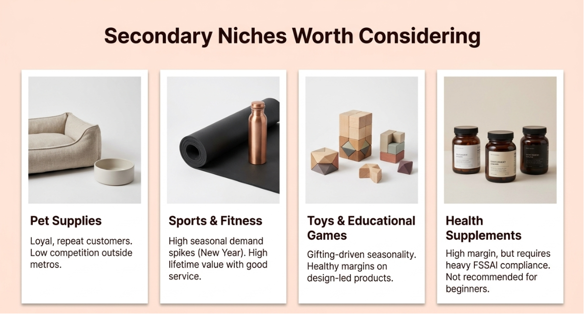 Secondary profitable dropshipping niches in India infographic featuring pet supplies, sports and fitness products, toys and educational games, and health supplements with key growth insights.