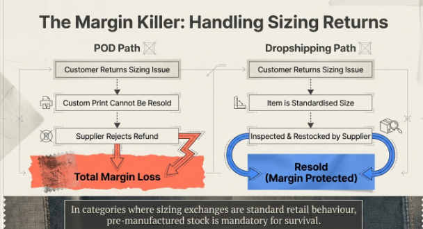 Comparison infographic titled 'The Margin Killer: Handling Sizing Returns' illustrating how print-on-demand (POD) and fashion dropshipping handle customer size-related returns. The left 'POD Path' shows a return leading to a custom-printed product that cannot be resold, resulting in supplier refund rejection and total margin loss. The right 'Dropshipping Path' shows the returned item being inspected, restocked by the supplier, and resold, helping protect the seller's profit margin. A concluding note emphasizes that pre-manufactured inventory is essential in product categories where sizing exchanges are common