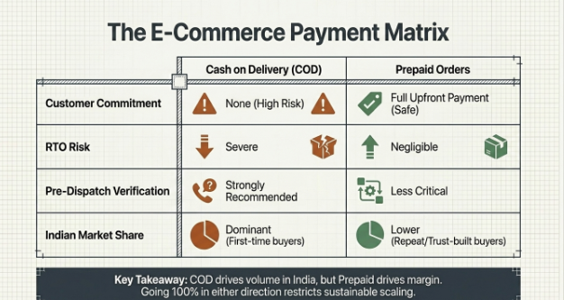 Comparison chart showing how Cash on Delivery (COD) has higher Return to Origin (RTO) risk than prepaid orders due to lower customer commitment and more failed deliveries