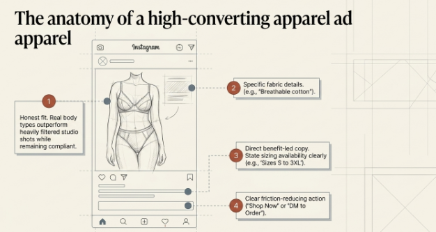 Infographic titled 'The Anatomy of a High-Converting Apparel Ad' illustrating the essential elements of an effective Instagram advertisement for lingerie or fashion products. A sample mobile post is annotated with callouts highlighting the use of authentic product imagery, detailed fabric information, benefit-focused copy that clearly communicates sizing and availability, and a simple call-to-action such as 'Shop Now' or 'DM to Order.' The graphic emphasizes building customer trust through realistic visuals, clear product details, and friction-free purchasing